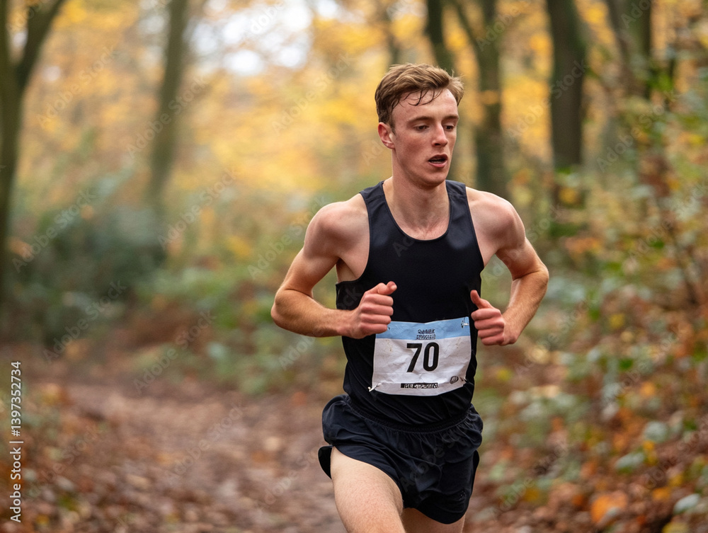 Male professional athlete pushes through a challenging forest trail under autumn foliage Generative AI Male professional athlete pushes through a challenging forest trail under autumn foliage Generative AI