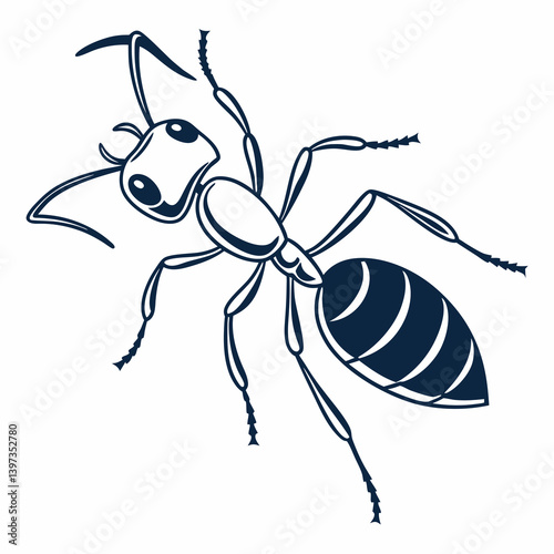 Detailed Black and White Cartoon Ant Vector Line Art Insect Graphic Clip Art