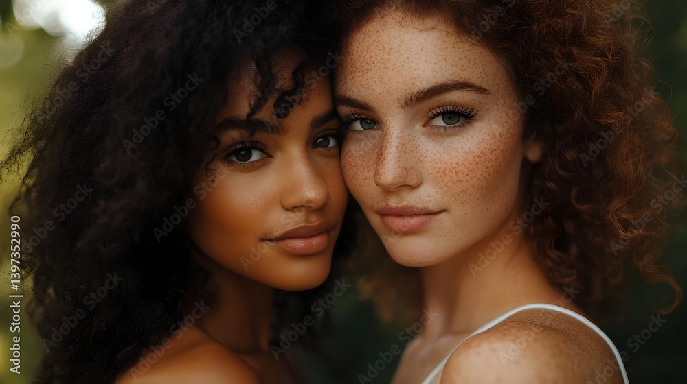 Fototapeta premium Two Diverse Women with Curly Hair and Freckles in Soft Lighting