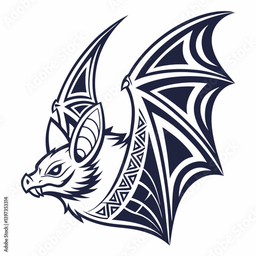 Tribal Tattoo Style Bat Vector Illustration - Detailed Flying Bat with Intricate Wing Design in Bold Black Tribal Style Vector Graphic Tattoo Artwork Design