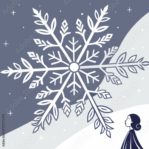 Winter Blue Giant Snowflake Vector Art Woman Looking Up