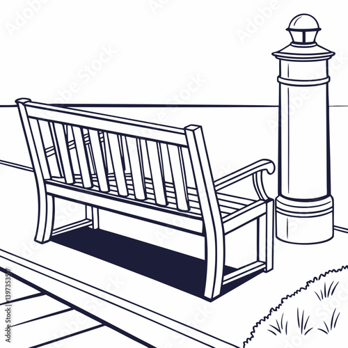 Detailed Vector Line Art Black and White Park Bench Bollard Urban Furniture