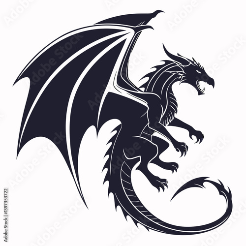 Powerful Black Dragon Silhouette Vector Art - Stylized Flying Mythical Creature with Large Wings Sharp Claws Horns and Curled Tail - Fantasy Illustration