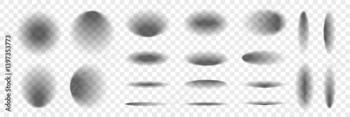 Oval and round realistic shadow set. Object blur shade effect. Gradient shapes from dark gray to transparent color. Black Tab collection for product design.
