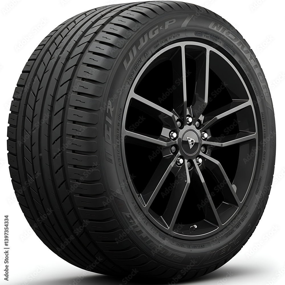 Fototapeta premium High Performance Summer Tire with Black Alloy Wheel Realistic 3D Model Rendering car rim part dark