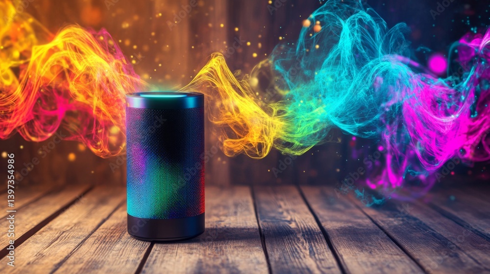 A dynamic image of a portable Bluetooth speaker on a wooden table, with colorful sound waves visually emanating from it, symbolizing vibrant music playback