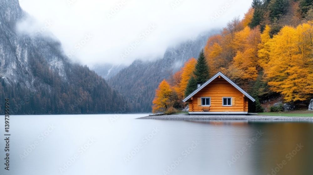 Lakeside cabin in autumnal mountains Lakeside cabin in autumnal mountains