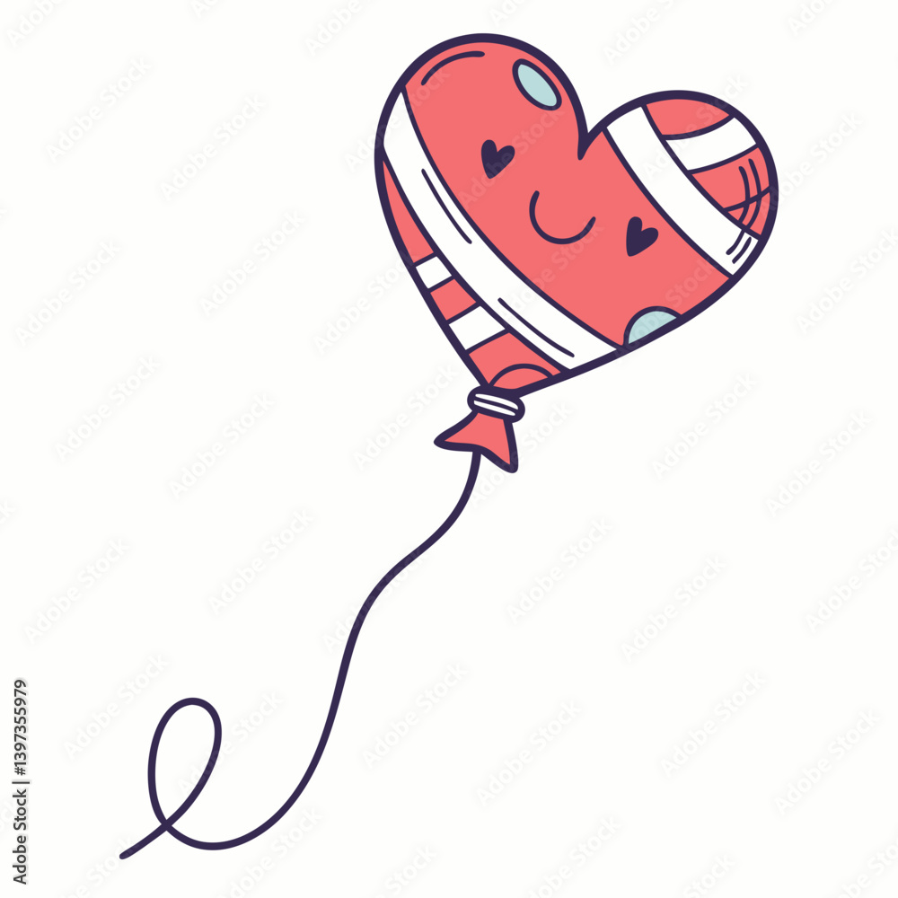 Doodle Heart Balloon with Stripes and Face Cute Cartoon Illustration for Valentines Day Love Gift Celebration Doodle Heart Balloon with Stripes and Face Cute Cartoon Illustration for Valentines Day Love Gift Celebration