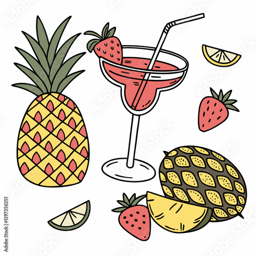 Tropical Summer Refreshing Cocktail Doodle: Pineapple Strawberries Lemon Drink