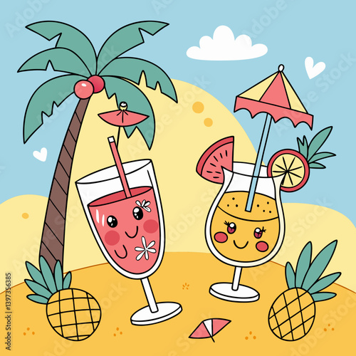Cheerful Kawaii Cartoon Tropical Summer Beach Cocktails Vector Illustration Sandy Beach Palm Trees Pineapples Fun Vacation Holiday Graphic Art Design
