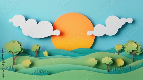 Obraz na płótnie Morning landscape sea waves with sky and cloud made of paper cut. travel concept paper art background. Holiday summer. w salonie