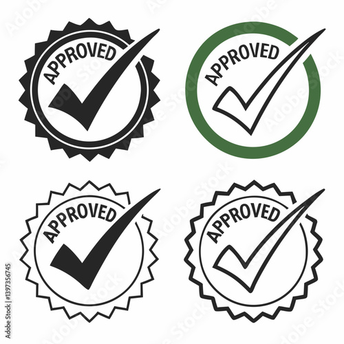 High-Quality Vector Set of Four Approved Stamp Icons - Black and Green Check Mark Seals for Quality Certification Business Approval Verification Badges