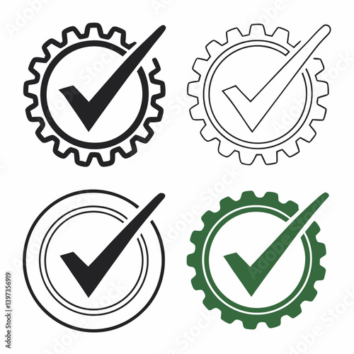 Checkmark Gear Icon Vector Set - Approval Tick Symbol Graphic Design - Black Outline Green Cogwheel Circle Icons - Quality Verification Settings Options Technology Industrial Process