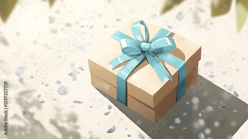 Gift Box with Light Blue Ribbon on Decorative Background