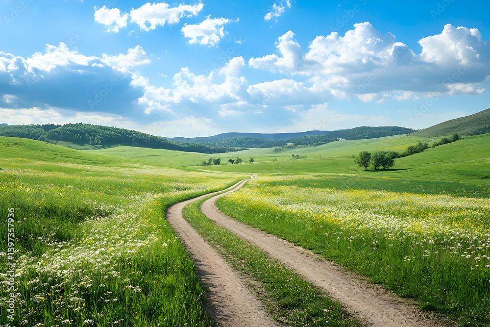 Winding dirt path through a vibrant green meadow Winding dirt path through a vibrant green meadow