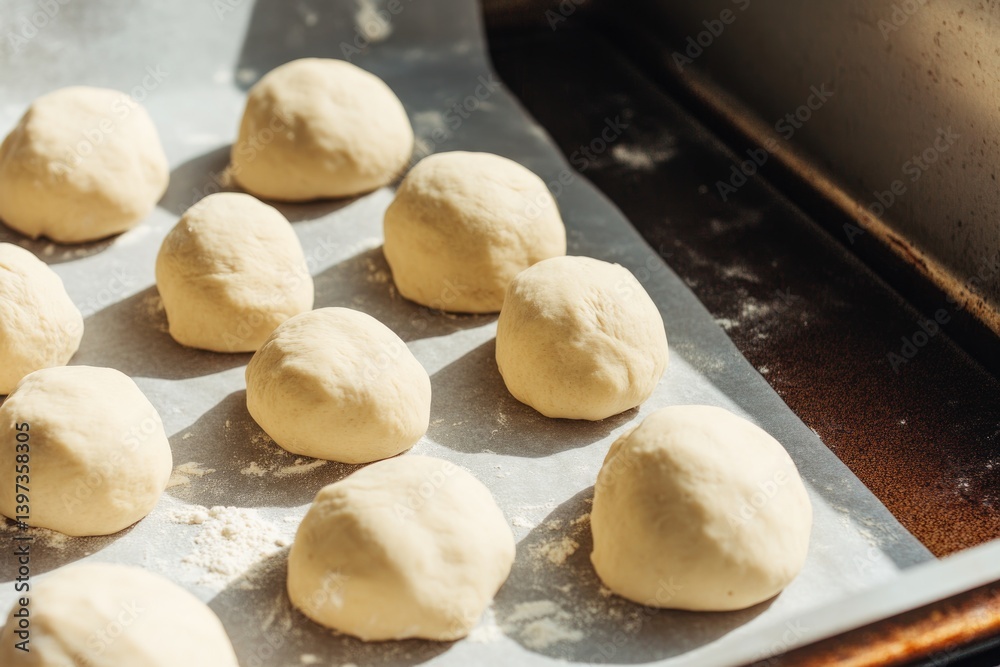 Soft dough balls resting on parchment paper, ready for baking, s Soft dough balls resting on parchment paper, ready for baking, s