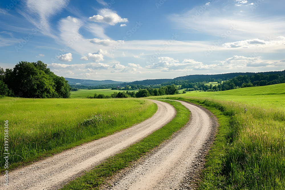 A dirt road curves through a vibrant green field A dirt road curves through a vibrant green field