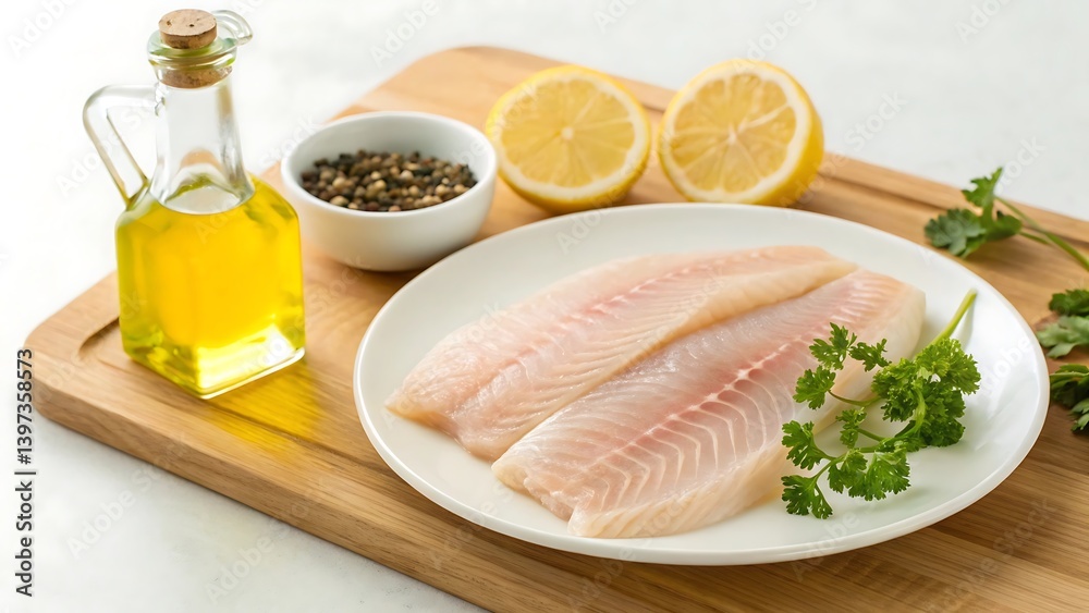Raw Fish Fillets with Lemon, Parsley, and Olive Oil on White Plate
