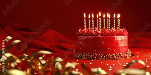 A red cake with candles on it is surrounded by gold glitter and stars