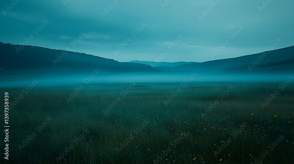 Misty Meadow at Dusk: Serene Landscape with Rolling Hills and Grassland, Tranquil and Mysterious Atmosphere Misty Meadow at Dusk: Serene Landscape with Rolling Hills and Grassland, Tranquil and Mysterious Atmosphere