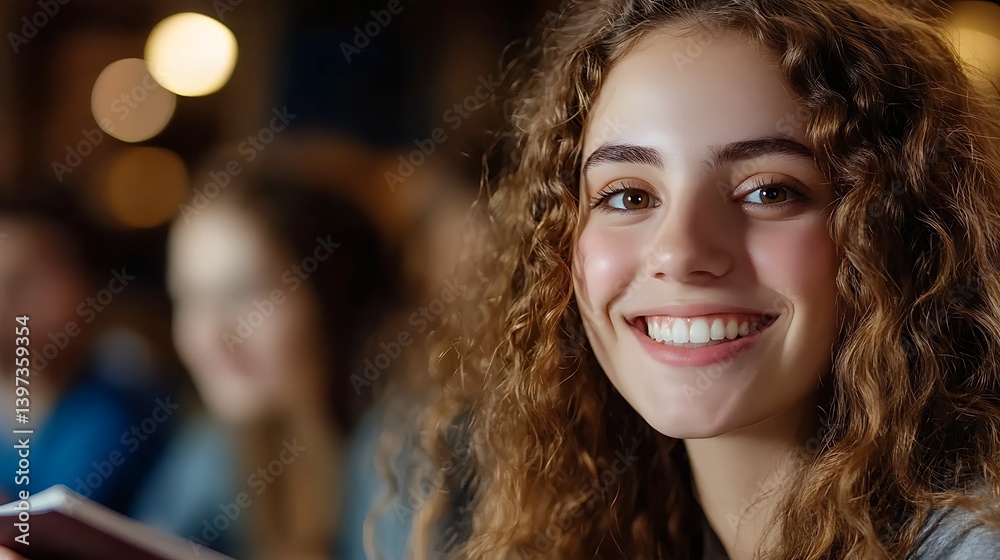 Happy Student Girl Smiling with Class, Education, and Bokeh. Happy Student Girl Smiling with Class, Education, and Bokeh.