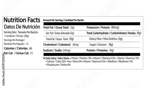 spanish nutrition facts label format,Nutrition Facts information label for box. Daily value ingredient calories, cholesterol and fats in grams and percent. Flat design, vector illustration