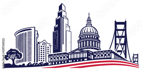 Sacramento vector silhouette skyline featuring the city’s historic and modern landmarks. 