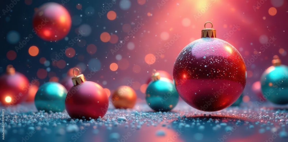Fototapeta premium Colorful abstract Christmas balls floating in mid-air, sparkles, ornaments