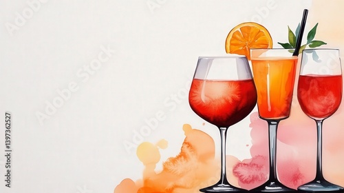 Watercolor Illustration of Celebratory Toast with Colorful Cocktails and Refreshing Garnishes in Soft Hues