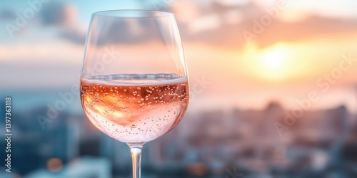 Sparkling drink in glass against a vibrant sunset over city skyline