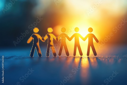 Group of paper cut-out figures holding hands, symbolizing unity during sunset outdoors