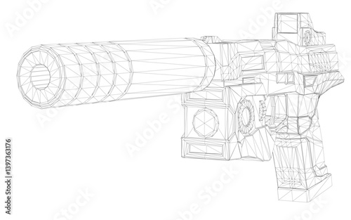 A detailed vector wireframe illustration of a futuristic firearm, showcasing its intricate design and advanced engineering through precise geometric lines.