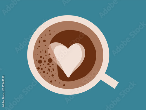 A cup of coffee with milk and latte art in the form of a heart. The concept of coffee, coffee shops. Vector illustration