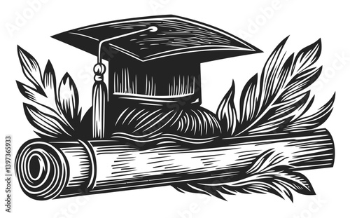 Graduation Cap and Diploma with Laurel Leaves in Vintage Style