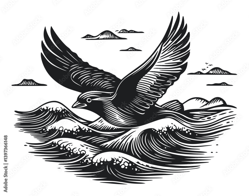 Obraz premium Black and White Illustration of Bird Flying Over Ocean Waves