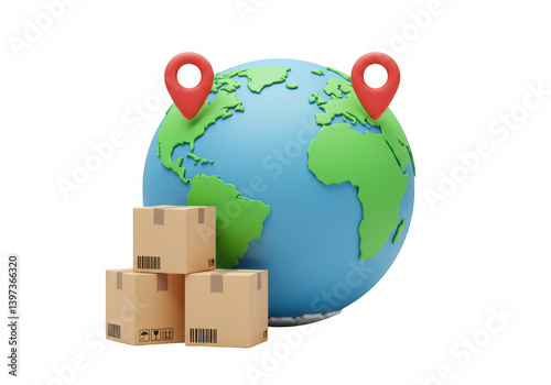 Stacked boxes with globe and location pins indicating destinations isolated on transparent background