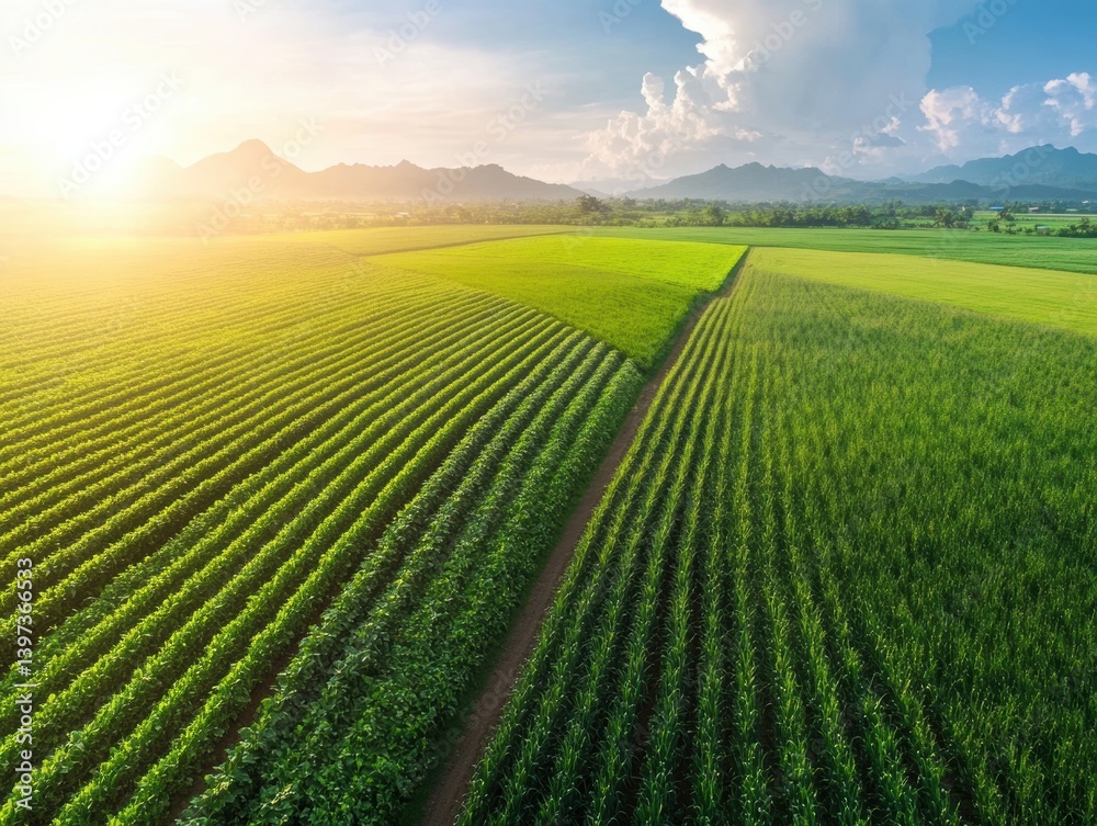 Fototapeta premium Large-scale precision farming operation in lush green fields under a bright sky at sunset