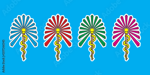 Rod or staff of Aesculapius Greek god mythology with ray shine and snakes winding symbol of medicine drawing in colorful cartoon vector