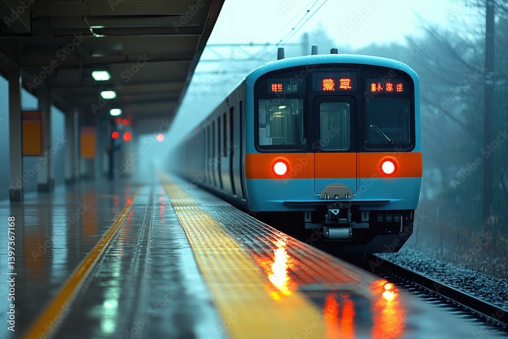 Fototapeta premium Train arrives at platform in rainy weather.