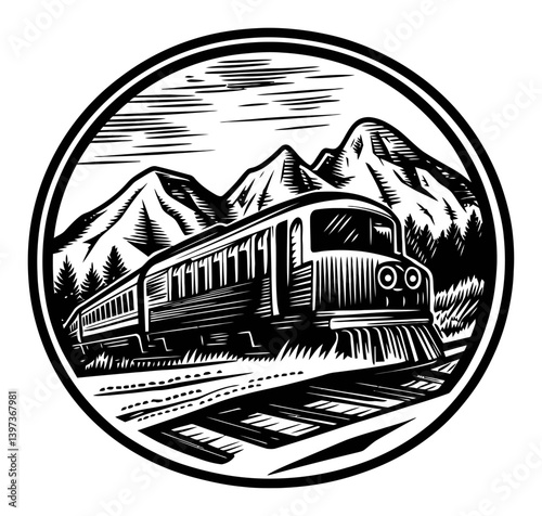 Vintage Train Illustration in a Scenic Mountain Landscape