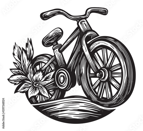 Vintage Black and White Bicycle Surrounded by Leafy Elements