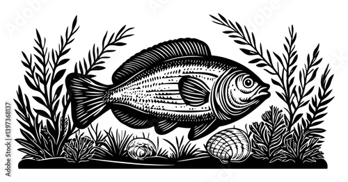 Black and White Silhouette of Fish Swiming Among Aquatic Plants