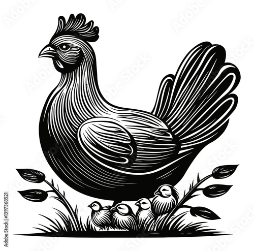 Detailed Woodcut Illustration of a Hen with Chicks in a Garden Setting