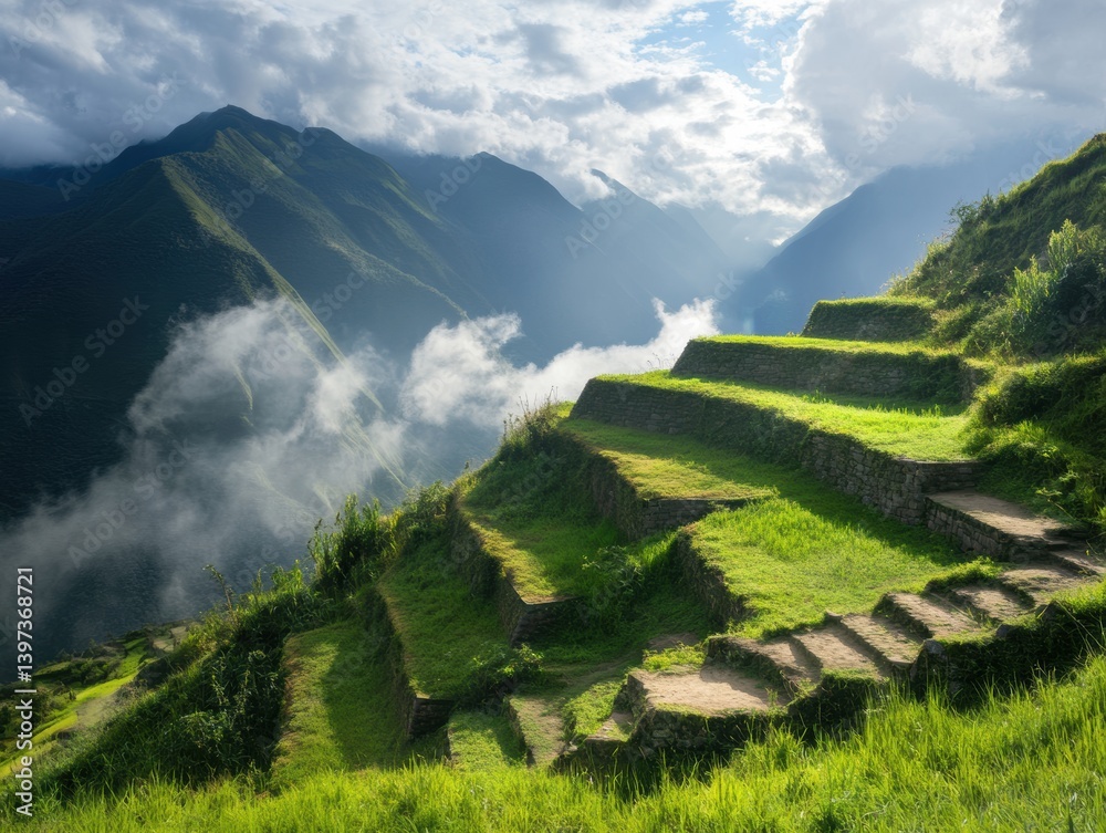 Fototapeta premium Sculpting terraces in Andean communities amid misty mountains and dramatic skies