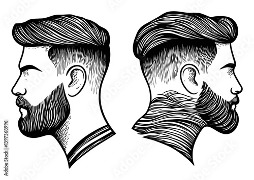Stylish Men's Haircut and Beard Designs in Profile Illustrations