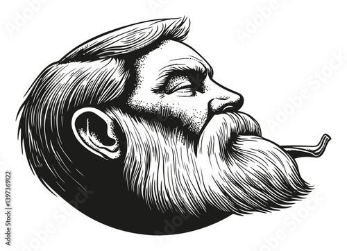 Detailed Vintage Illustration of a Bearded Man with Pipe