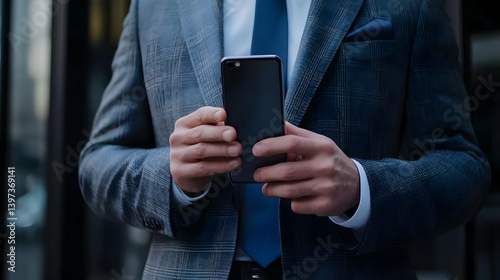 Professional Man Holding Smartphone Wearing Gray Suit and Blue Tie in Modern Urban Setting