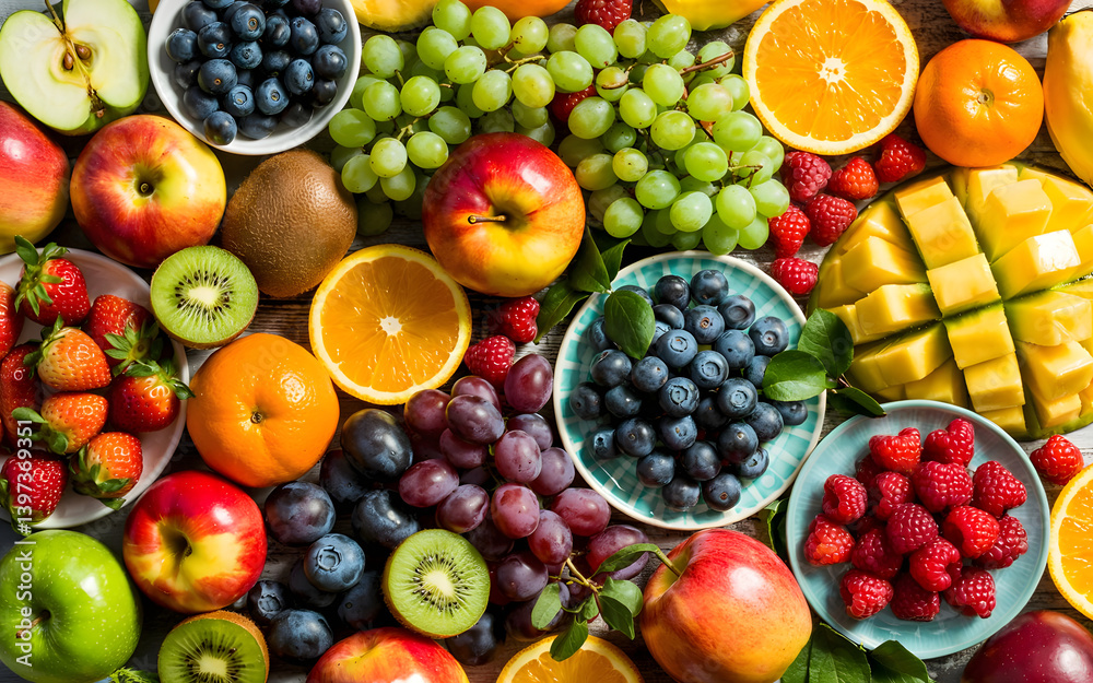 Assortment of healthy raw fruits and berries platter background, strawberries raspberries oranges plums apples kiwis grapes blueberries, mango, top view, selective focus Assortment of healthy raw fruits and berries platter background, strawberries raspberries oranges plums apples kiwis grapes blueberries, mango, top view, selective focus