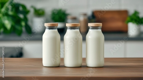 Variety of Plant-Based Milk Bottles on a Wooden Table Surrounded by Greenery in Bright Kitchen Setting