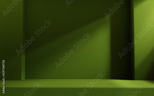Green olive room studio with table top and natural light. Product presentation template.